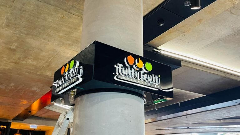 Tutti Frutti column sign in a shopping centre food court