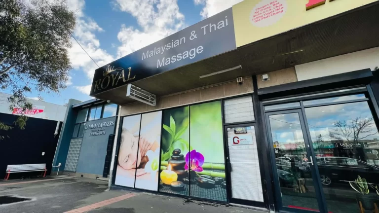 Royal Malaysian & Thai Massage shopfront with fascia sign and window graphics