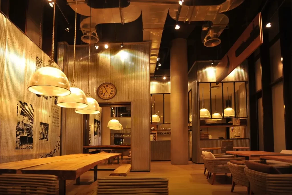 Restaurant fit-out with pendant lights and timber interior